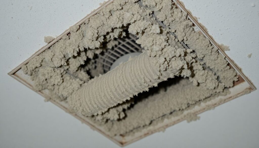 ceiling air duct in home clogged with dust and mold - clean ducts health olney