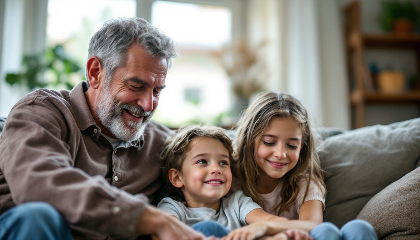 grandfather with 2 granddaughters on couch smiling