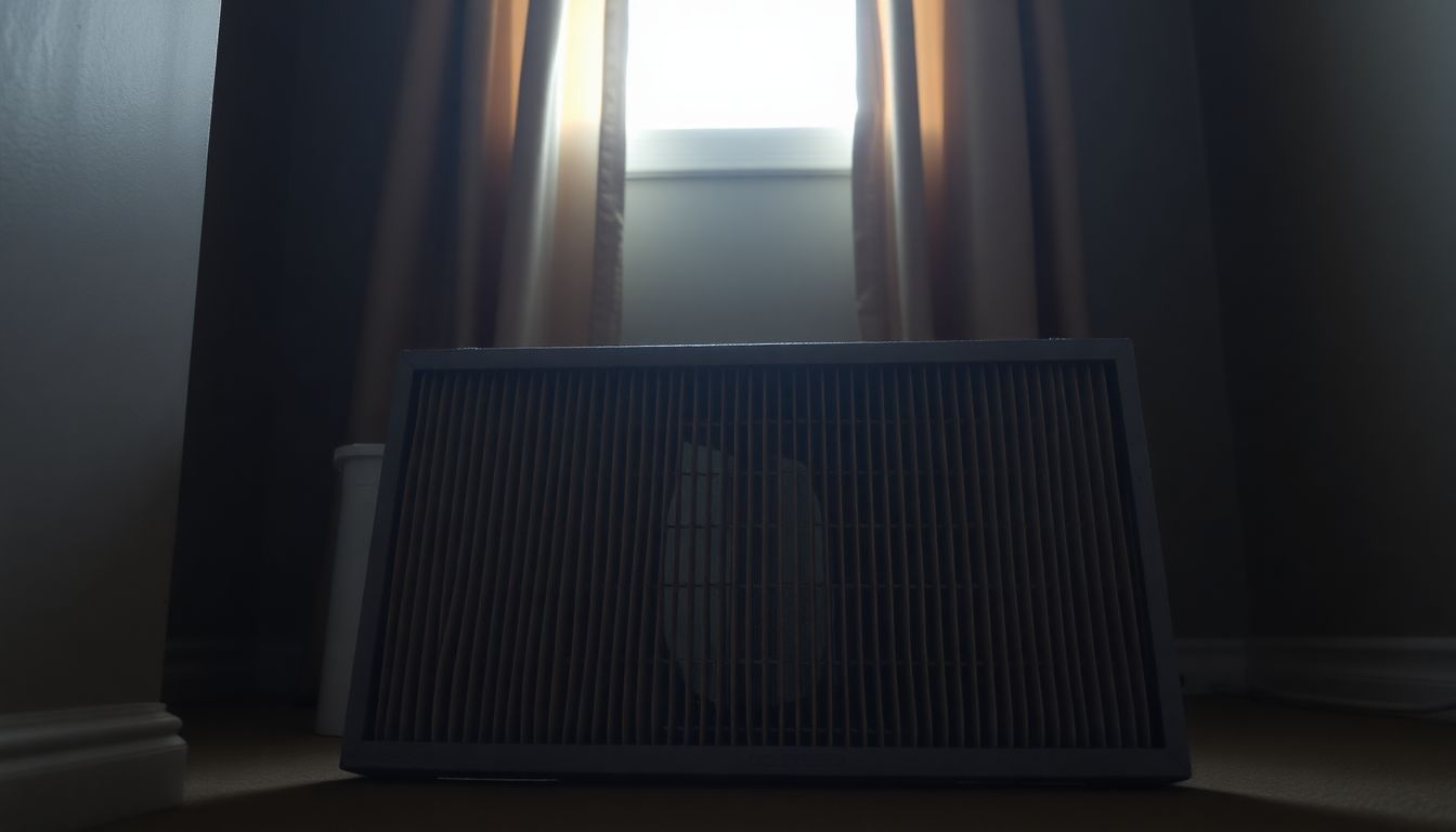 An old, dusty air filter in a dimly lit room highlights the importance of indoor air quality in Rockville.