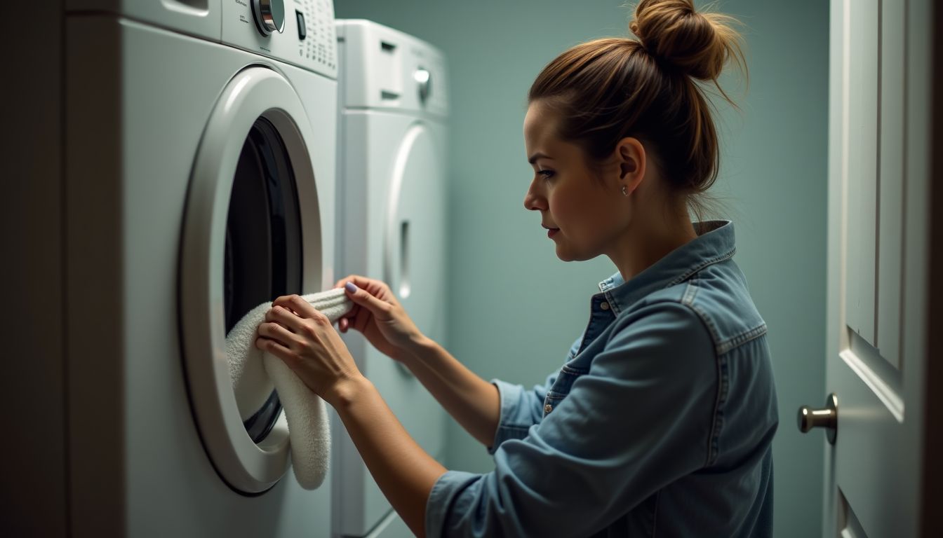 A woman in her mid-30s is cleaning lint from a dryer vent hose in her laundry room.