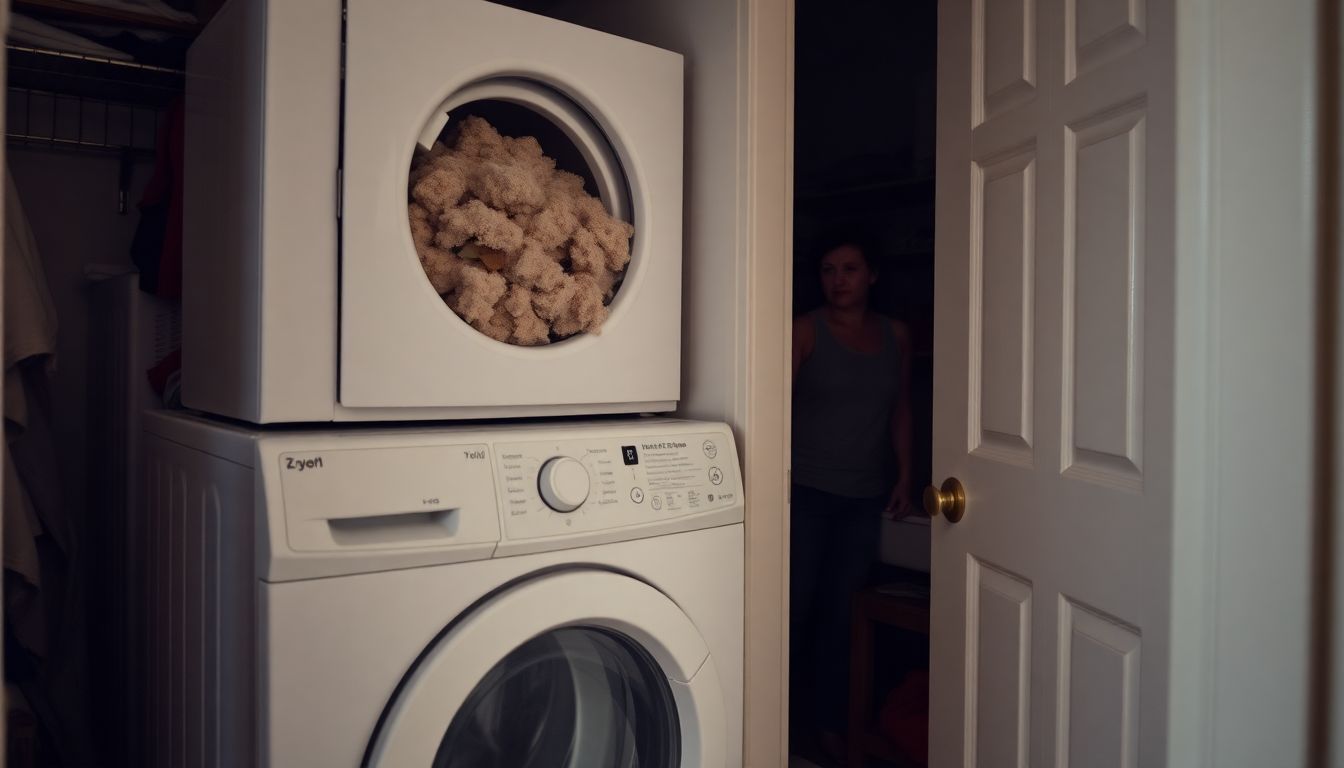 A cluttered laundry room with a lint-covered dryer and potential vent blockage.