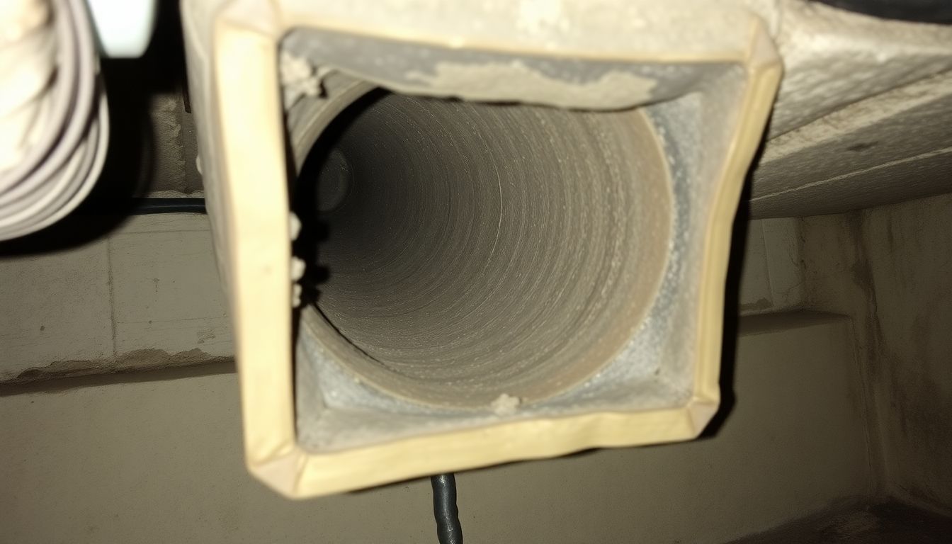 The image shows a dusty air duct in a basement, highlighting the need for regular cleaning.