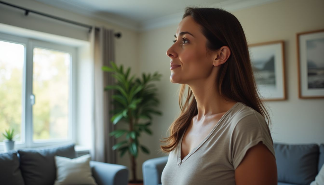 A woman is inspecting clean air ducts in a simple living room, emphasizing the importance of air quality.