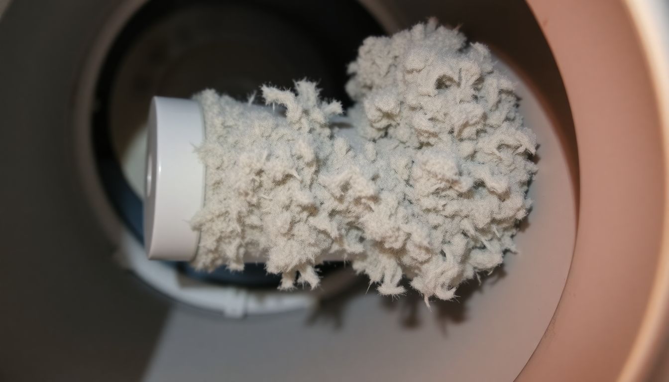 A clogged dryer vent with lint buildup poses a fire risk in a home laundry room.