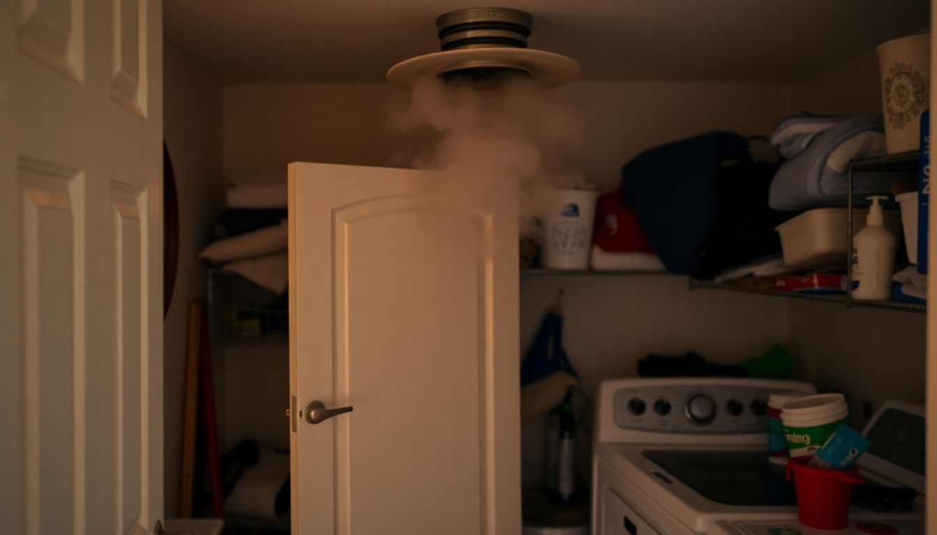 A neglected dryer vent in a cluttered, poorly ventilated laundry room emits smoke and fire, posing a potential hazard.