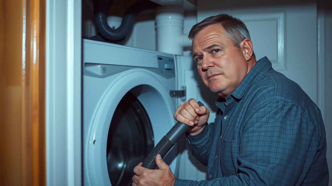 A man in his 40s is cleaning a dryer vent with a vacuum in a residential laundry room.